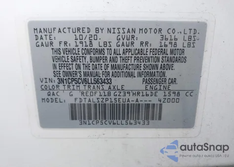 2020 Nissan Kicks Sv Xtronic Cvt from USA, damaged, VIN 3N1CP5CV6LL563433